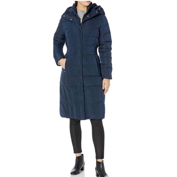 Cole Haan Bib Insert Down & Feather Fill Coat Jacket Navy Women's size small - Picture 1 of 10